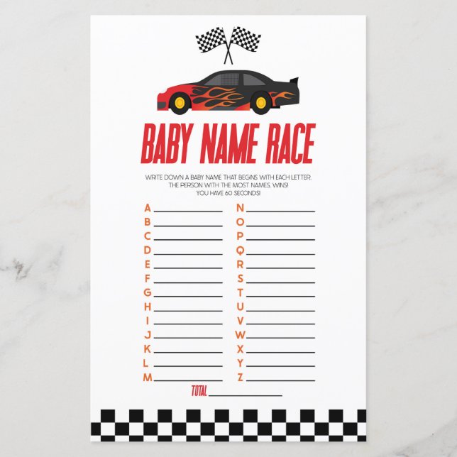 Papier Jeu de Baby Shower Nom de Voiture de Course Rouge (Devant)