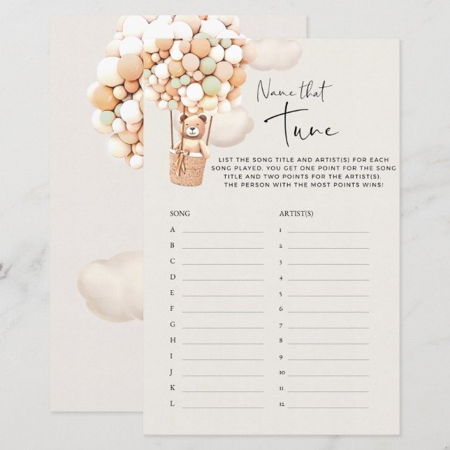 Papier Jeu de Baby Shower Ours - Identifiez cette mélodie (Devant / Derrière)