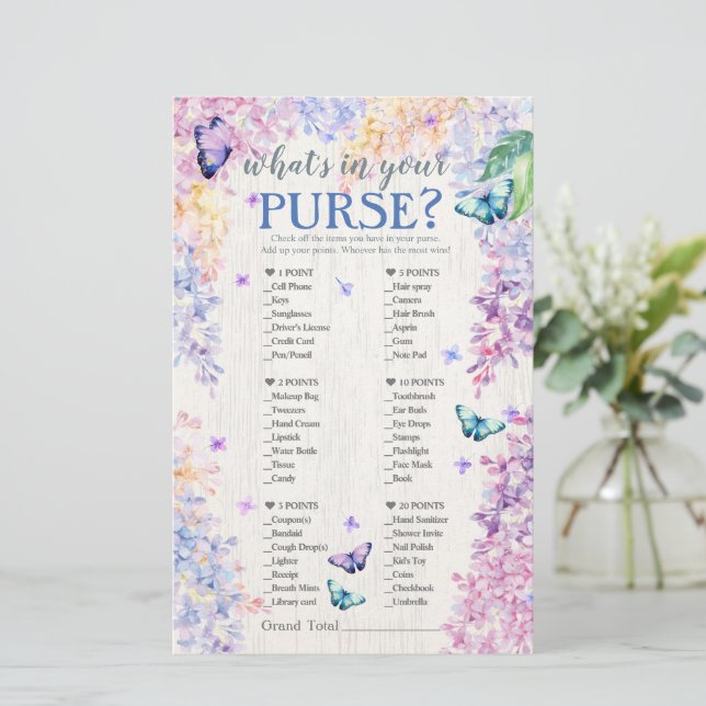Papier Jeu de Baby shower papillon | Qu'y a-t-il dans vot (Debout devant)