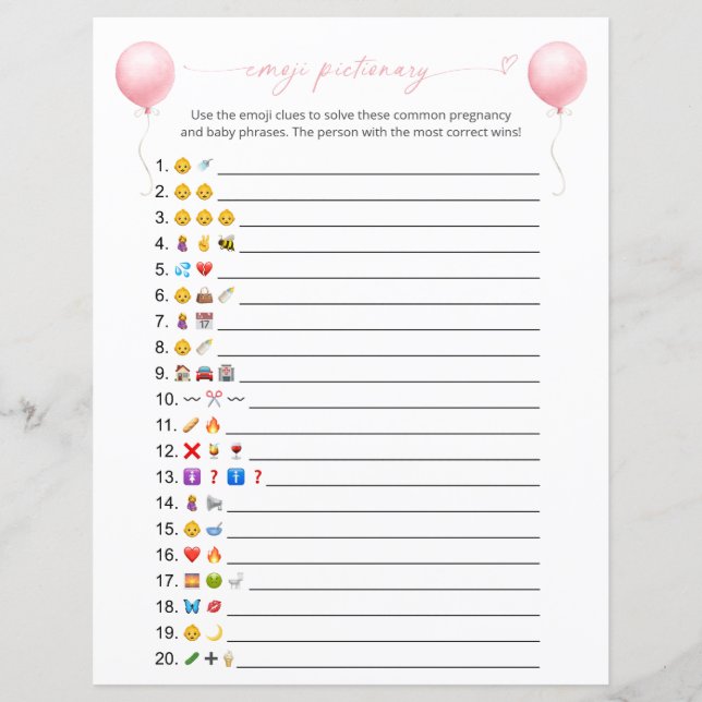 Papier Jeu de Baby shower Pink Balloy Emoji Pictionary (Devant)