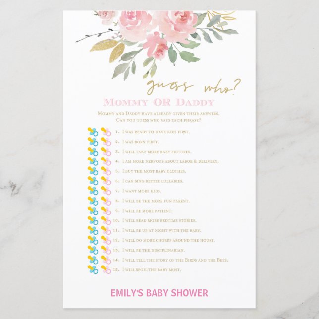 Papier Jeu de Baby shower rose et or roux IMPRIMÉ (Devant)