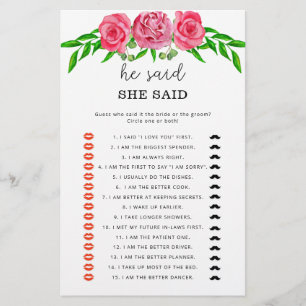 Papier Jeu de baby shower Roses Il a dit elle a dit