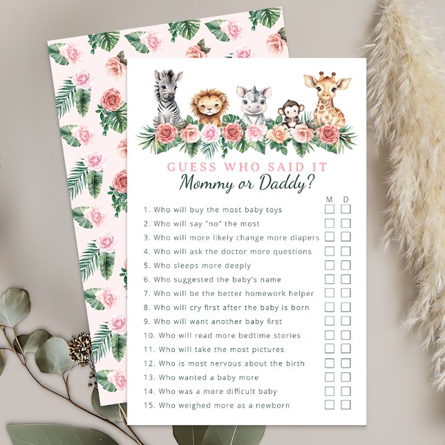 Papier Jeu de Baby shower Safari maman ou papa (Fun Baby Shower Game Card)