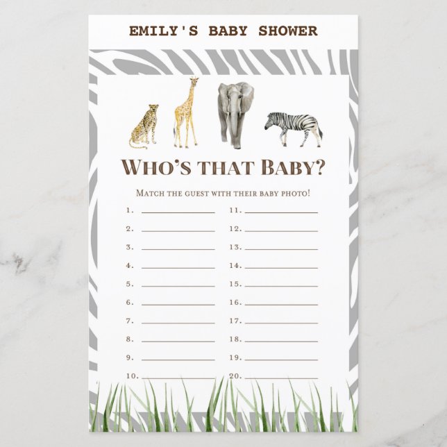 Papier Jeu de Baby shower sauvage africain IMPRIMÉ (Devant)