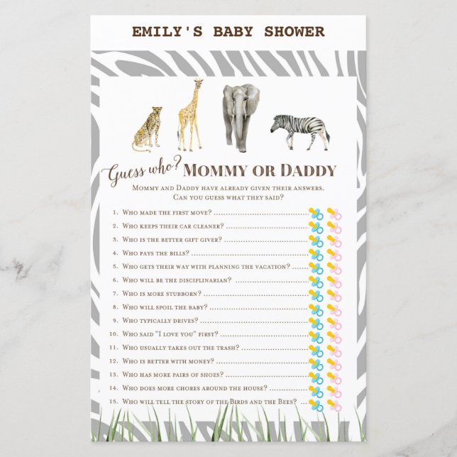 Papier Jeu de Baby shower sauvage africain IMPRIMÉ (Devant)