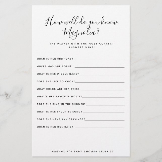 Papier Jeu de Baby shower simple (Devant)