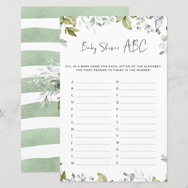 Papier Jeu de Baby shower verdoyant - ABC (Devant / Derrière)