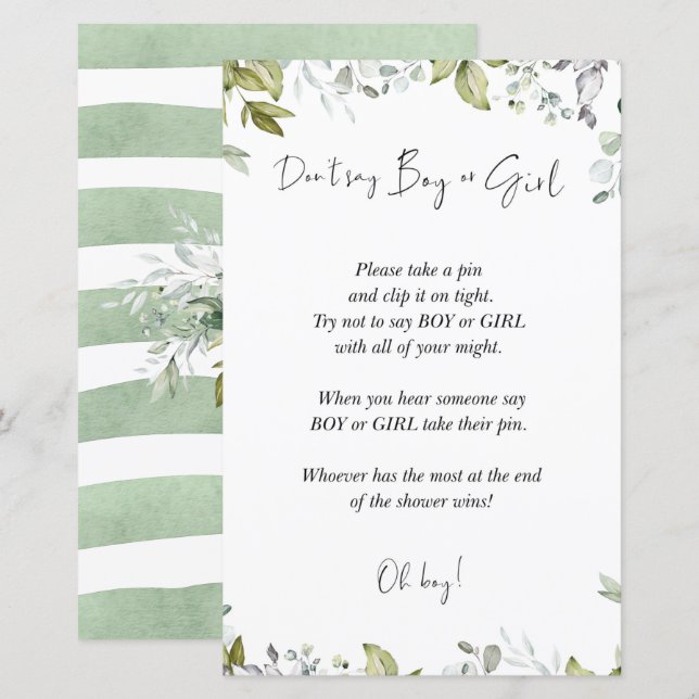 Papier Jeu de Baby shower verdoyant Ne pas dire garçon ou (Devant / Derrière)