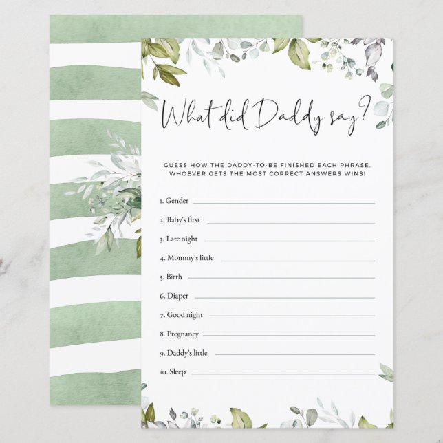 Papier Jeu de Baby shower verdoyant - Que Daddy A-T-Il Di (Devant / Derrière)
