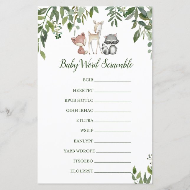 Papier Jeu de Baby shower Woodland - Bébé Word Scramble (Devant)