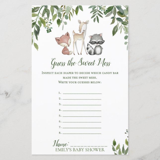Papier Jeu de Baby shower Woodland - Guess Sweet Mess (Devant)