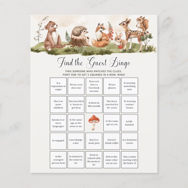 Papier Jeu de Baby shower Woodland - Trouvez le Bingo inv (Devant)