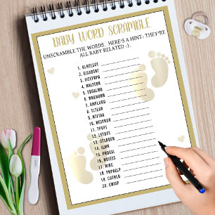 Papier Jeu de Baby shower Word Scramble Gold Footprint