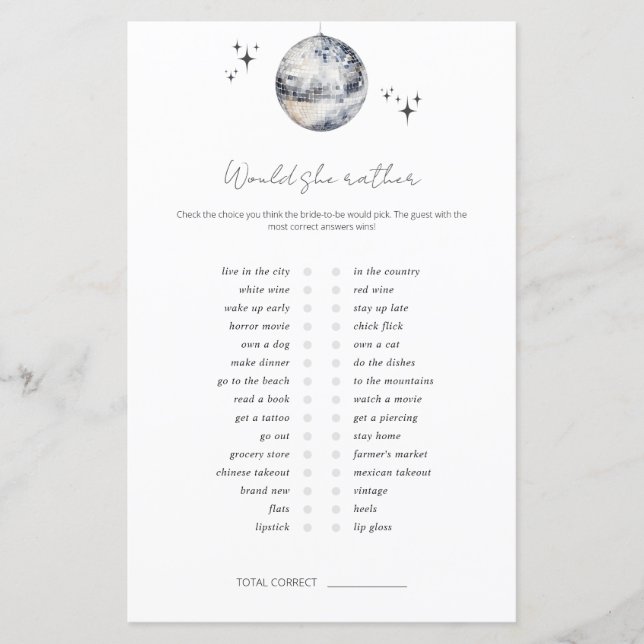 Papier Jeu de Baby Shower 'Would She Rather Disco Ball' (Devant)