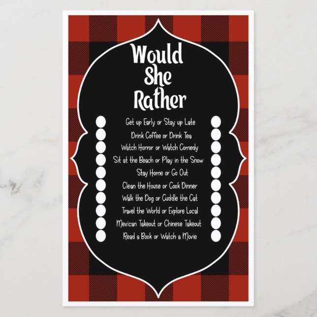 Papier Jeu de Baby Shower 'Would she Rather Red Flannel B (Devant)