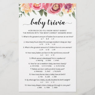 Papier Jeu de Baby Trivia avec réponses Baby Shower party