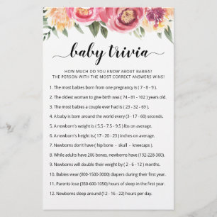 Papier Jeu de Baby Trivia avec réponses Baby Shower party