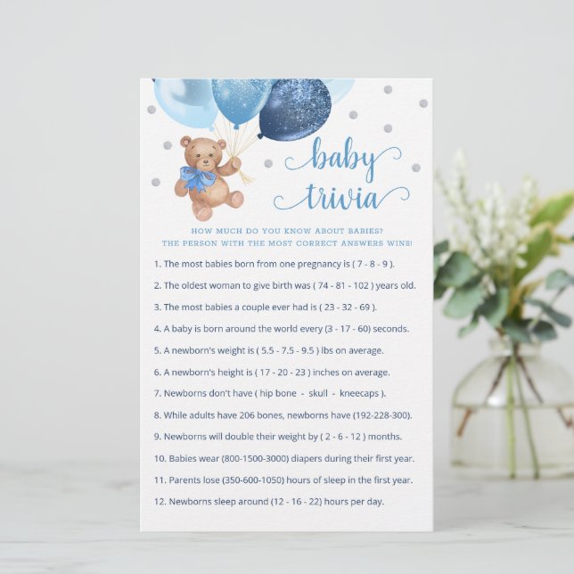 Papier Jeu de Baby Trivia Baby Shower Teddy Bear (Debout devant)