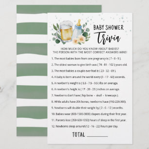 Papier Jeu de Baby Trivia Greenery Baby Is Brewing fête