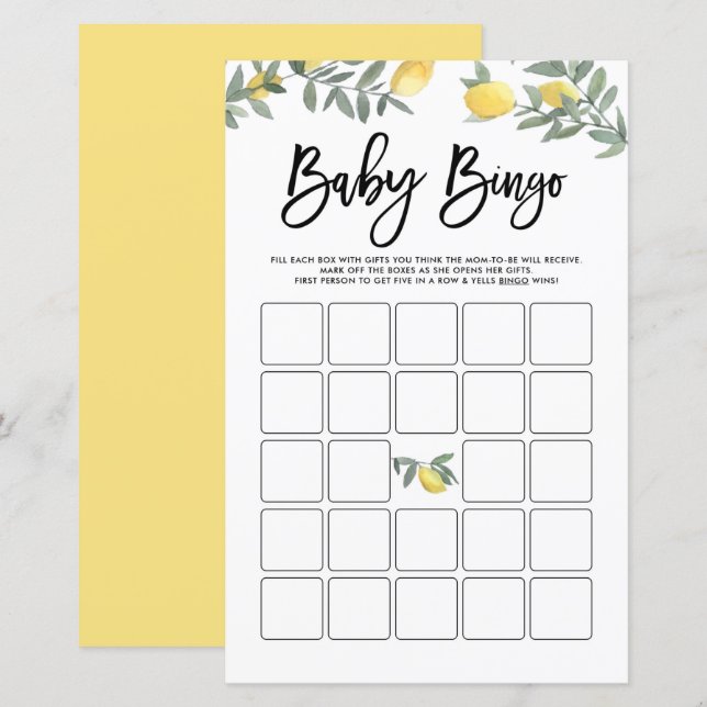 Papier Jeu de Bingo Baby Shower Aquarelle Boho Citrons (Devant / Derrière)