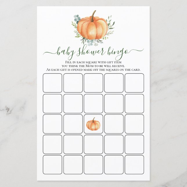 Papier Jeu de Bingo Baby Shower avec feuillage de citroui (Devant)