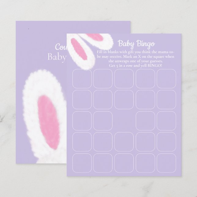 Papier Jeu de Bingo Baby shower Bunny mauve (Devant / Derrière)