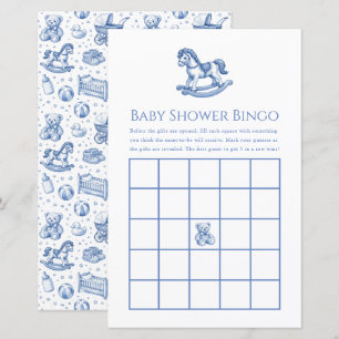 Papier Jeu de bingo Baby Shower Cheval à Bascule Bleu et 