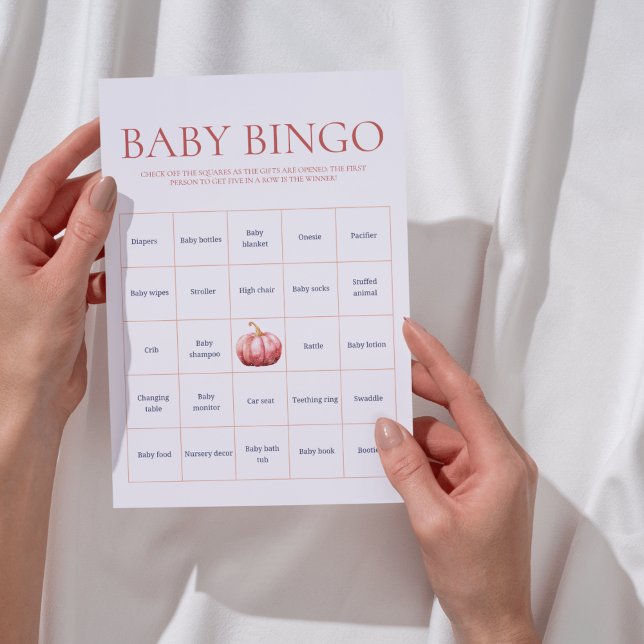 Papier Jeu de bingo Baby Shower Citrouille Aquarelle Rose (Pink Pumpkin Baby Bingo Card)