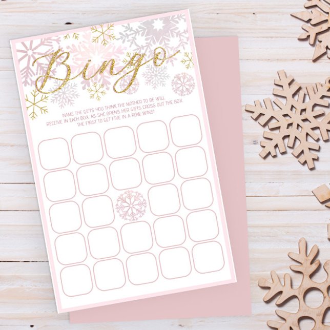 Papier Jeu de Bingo Baby shower Pink Snowflake (Blush Pink Winter Baby Shower Fun Game)