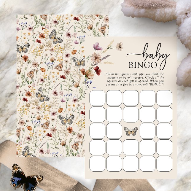 Papier Jeu de Bingo Bébé (Boho Wildflower Baby Bingo Game Card with Butterfly by Painted Paperie
)