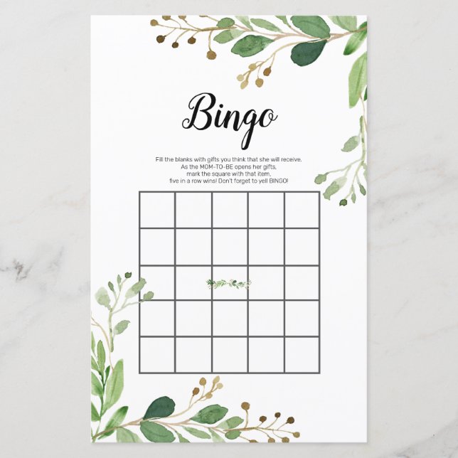 Papier Jeu de bingo blanc Floral Green Aquarelle (Devant)
