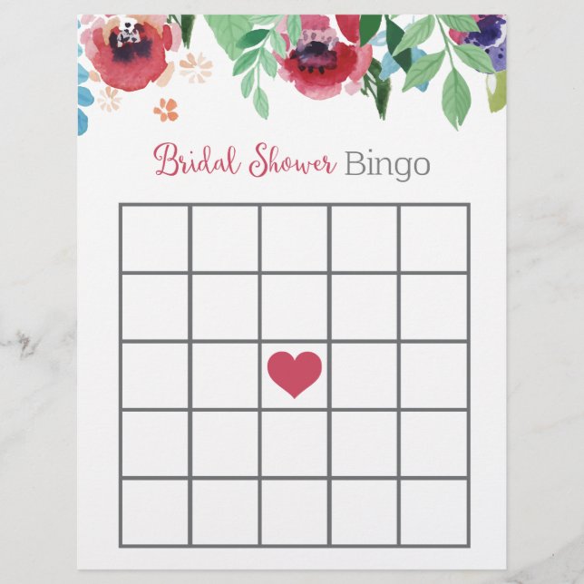 Papier Jeu de Bingo de Fête des mariées Florale (Devant)