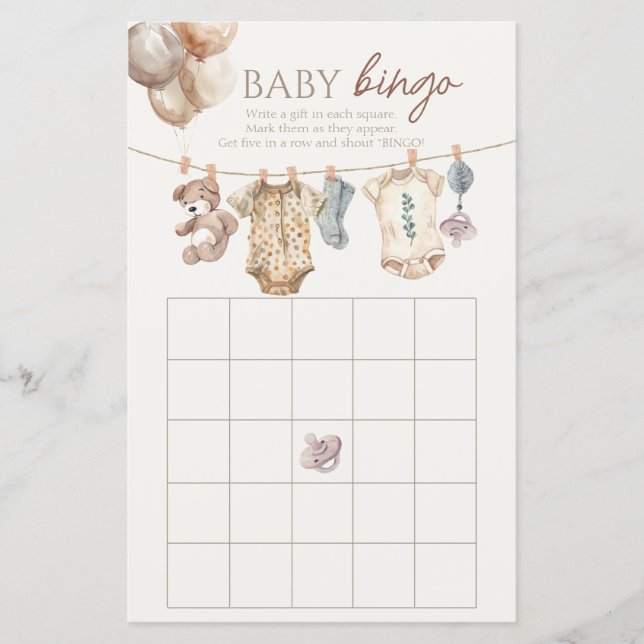 Papier Jeu de Bingo de Vêtements pour Bébé Neutres et Boh (Devant)