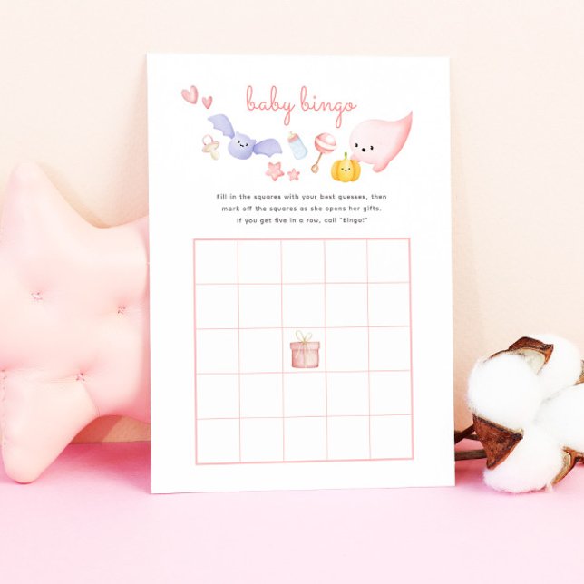 Papier Jeu de bingo pour Baby Shower avec un fantôme rose (pink baby shower bingo game with cute ghost and halloween illustrations)