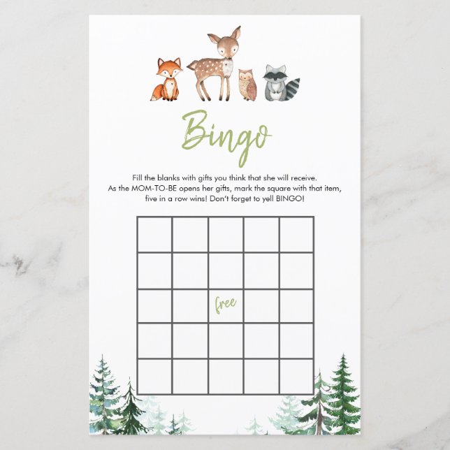 Papier Jeu de bingo pour Baby Shower Woodland Forest Oh B (Devant)