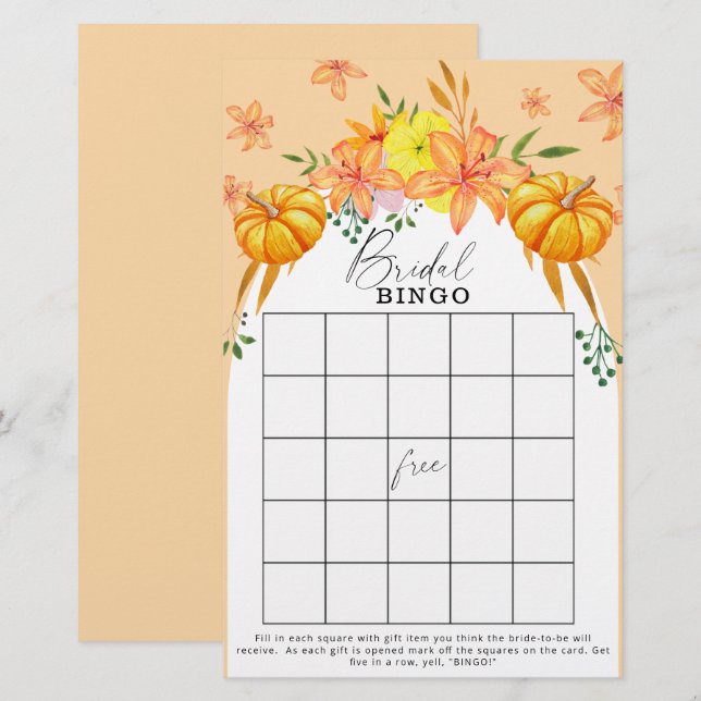 Papier Jeu de bingo pour la douche de mariée citrouille d (Devant / Derrière)