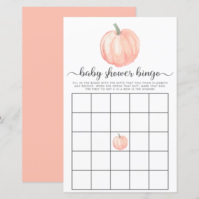 Papier Jeu de Bingo sur Baby shower d'aquarelle Citrouill (Devant / Derrière)