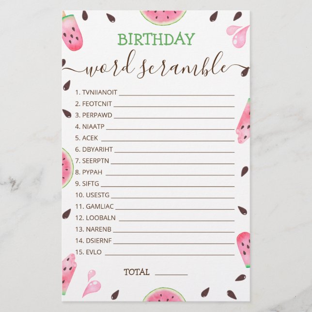 Papier Jeu de course de mots d'anniversaire avec Réponse  (Devant)