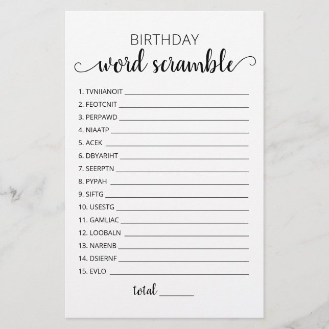 Papier Jeu de course de mots d'anniversaire avec réponses (Devant)