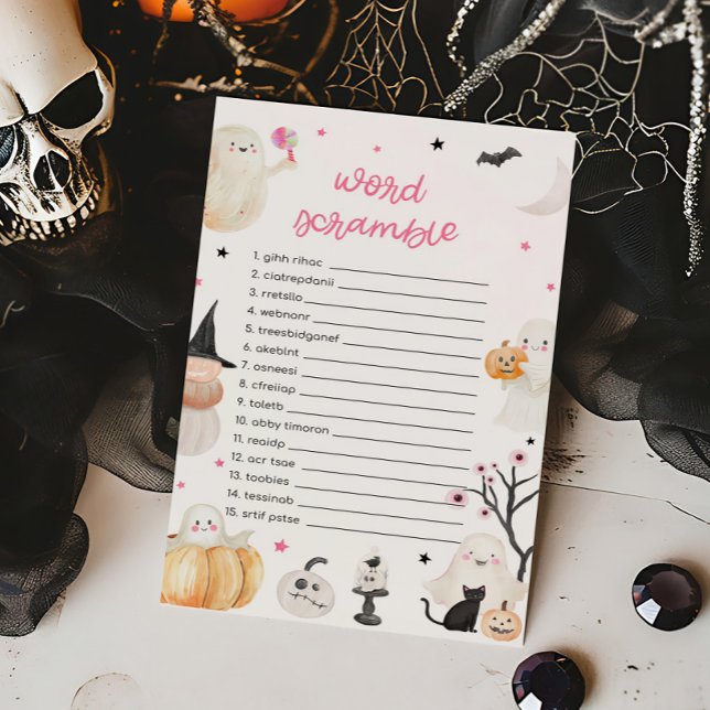 Papier Jeu de course de mots de petite fille Halloween Bo (A Little Boo Baby Shower Word Scramble Game)