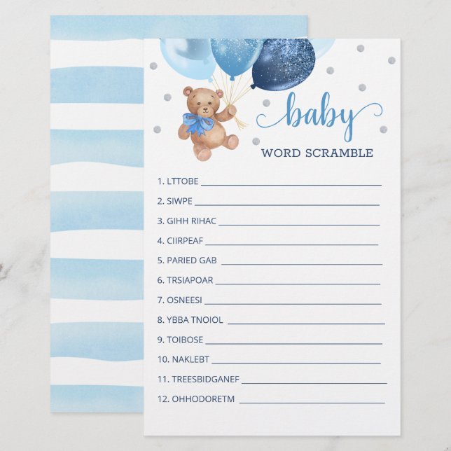 Papier Jeu de course de mots pour le Baby shower Teddy Be (Devant / Derrière)