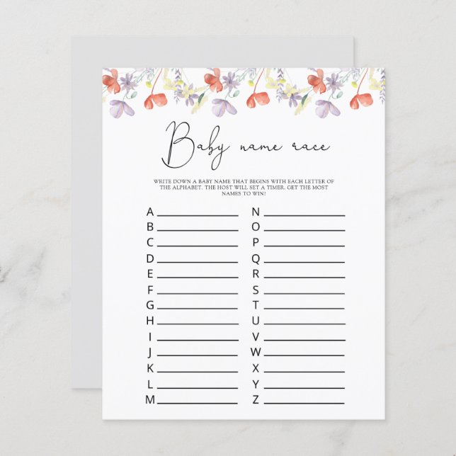 Papier Jeu de course de prénoms pour bébé Fleurs sauvages (Devant / Derrière)
