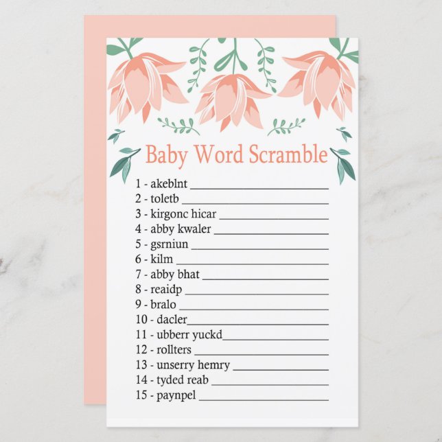 Papier Jeu de désordre de mots de bébé Tulipe Rose (Devant / Derrière)