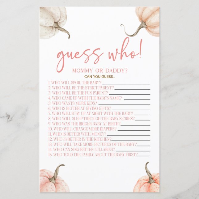 Papier Jeu de devinette Baby Shower Citrouilles Roses Aut (Devant)