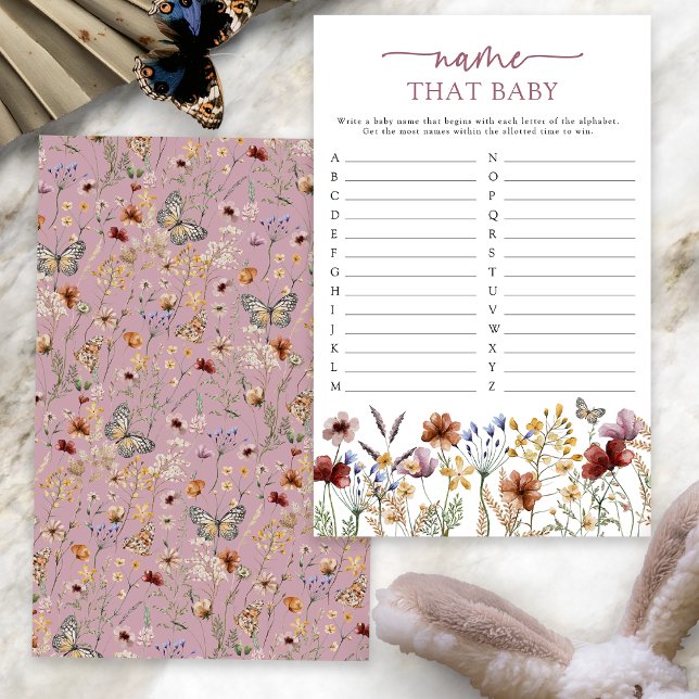 Papier Jeu de devinette de bébé Bohème Rose (Dusty Pink Boho Floral Name That Baby Game Card with Butterfly by Painted Paperie
)