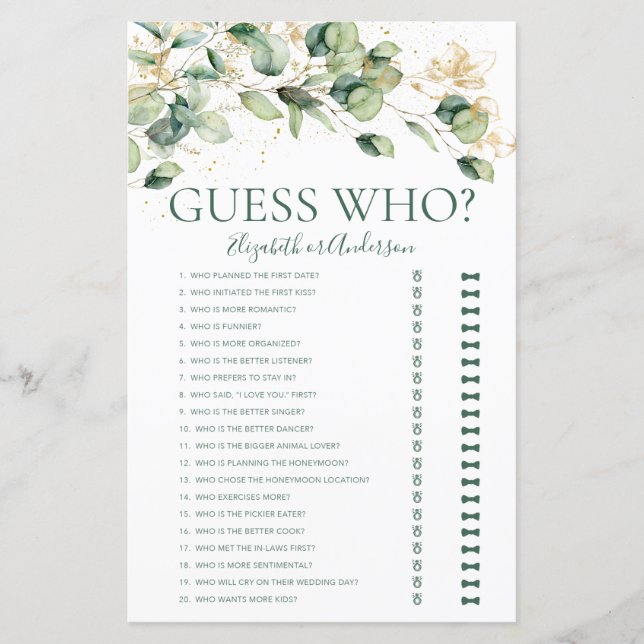 Papier Jeu de devinette de mariage Eucalyptus (Devant)