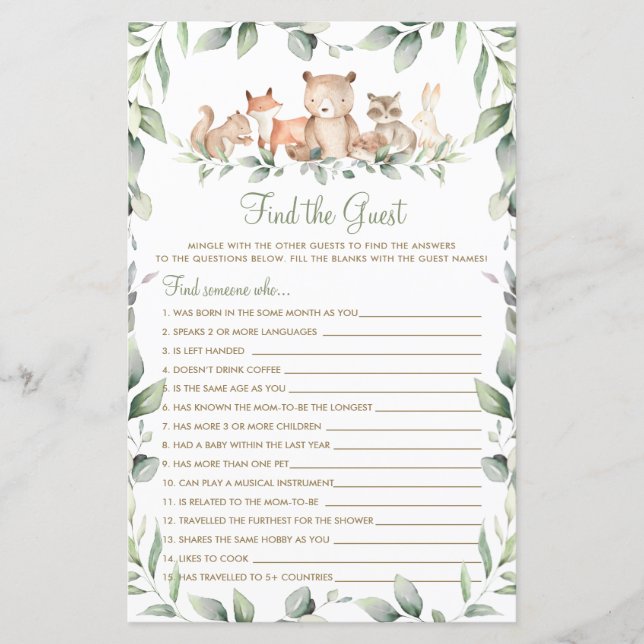 Papier Jeu de devinette d'invité sur la verdure d'animaux (Devant)