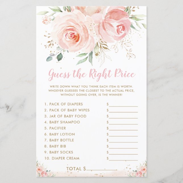 Papier Jeu de devinette du prix Chic Blush Rose Floral Gu (Devant)