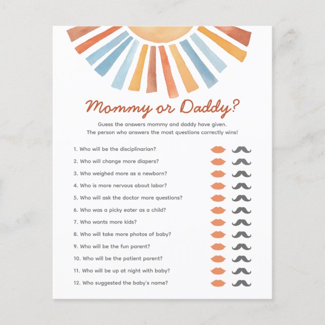 Papier Jeu de devinette Maman ou Papa Shower Bébé Sunshin (Devant)