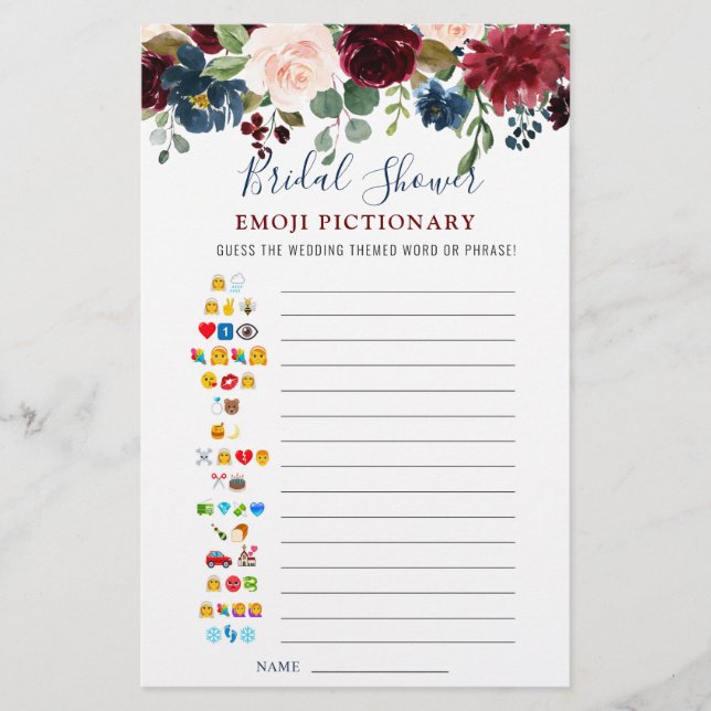 Papier Jeu de douche de mariage Fleur Burgundy Navy Blue  (Devant)